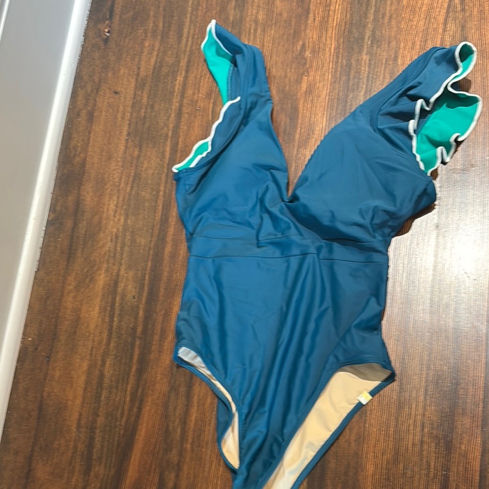 Summersalt Blue and Green One Piece Swimsuit with Ruffled Neckline